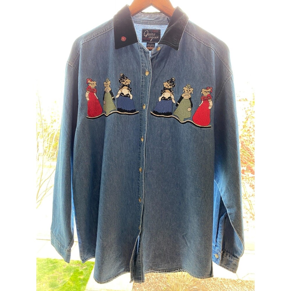Quizz Again NY Women's Long Sleeve Shirt L Velvet Collar Embroider Bear Denim‎ - Picture 2 of 9